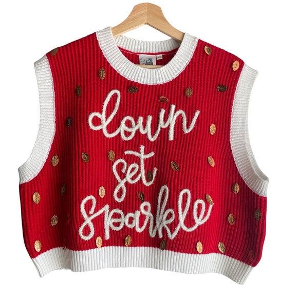 NWT QUEEN OF SPARKLES Down Set Sparkle Football Sweater Vest Size XS Sequins - Picture 1 of 5